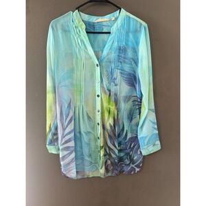 Soft Surroundings Blue Tropical Leaf Pintuck Button Down Blouse Small Resort